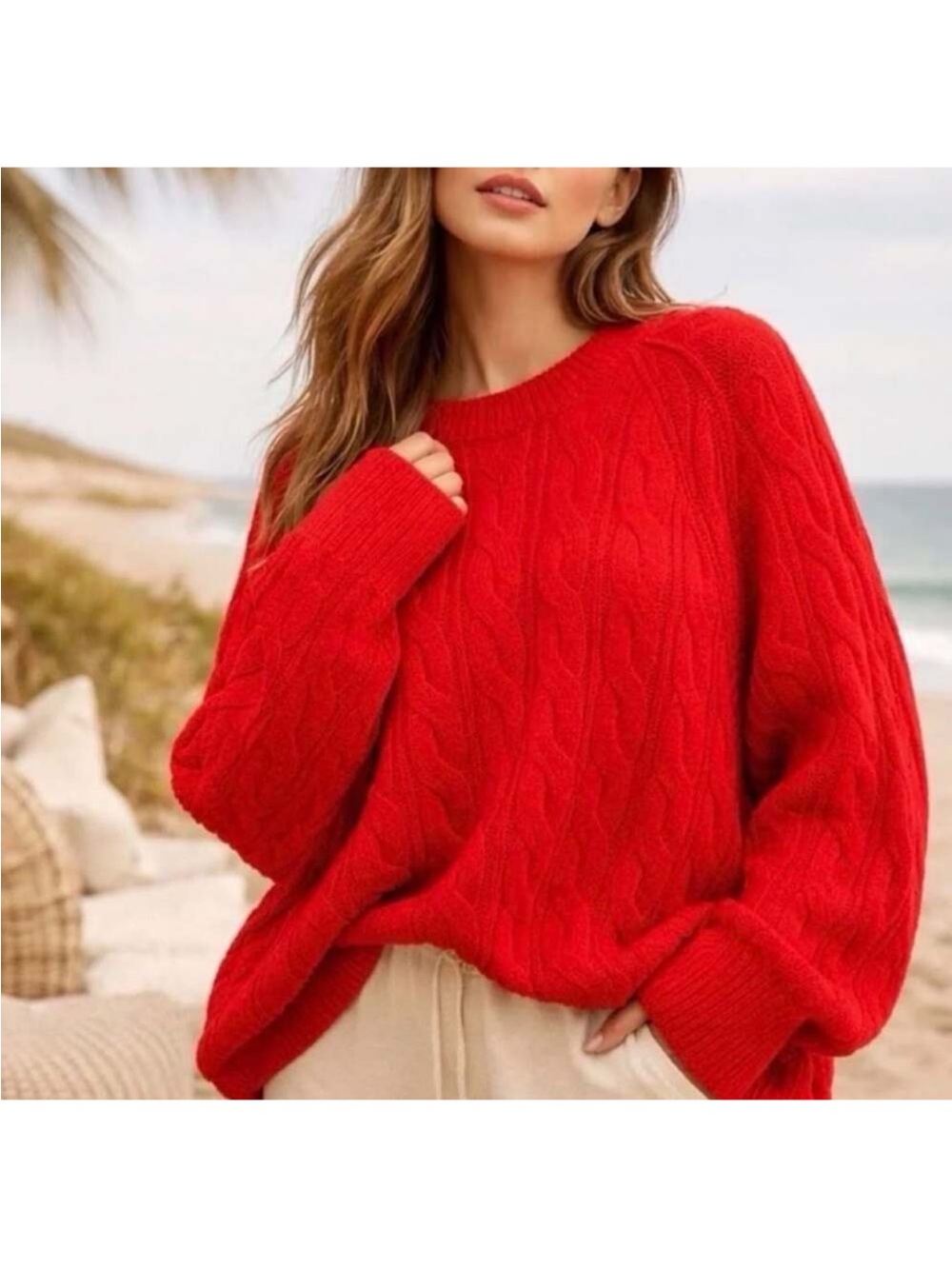 New Aerie unReal Red Cable Knit Oversized Crewneck Sweater Size S